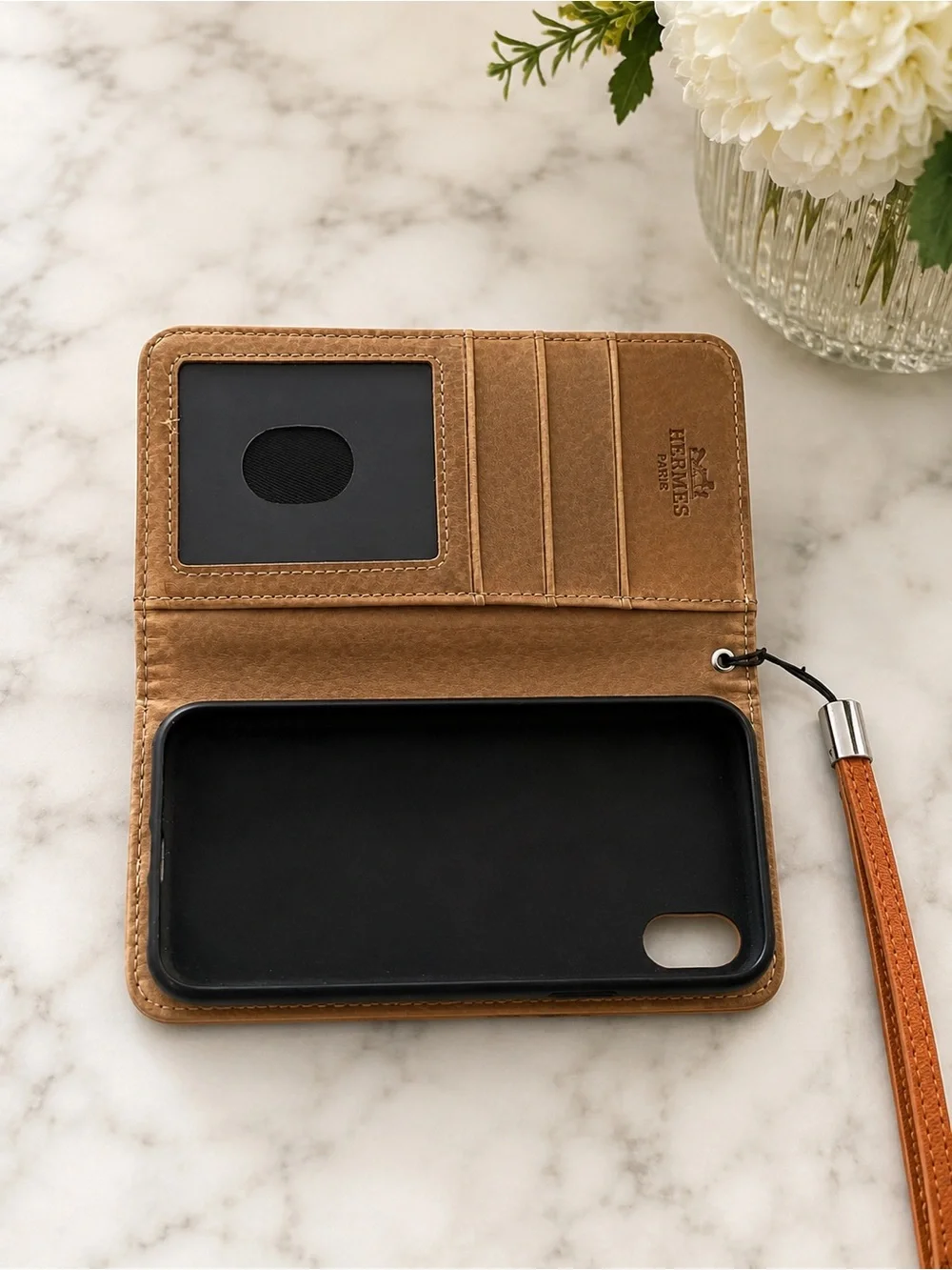 Hermes Orange Pebbled Leather Phone Case with Wrist Strap